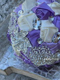 Quinceanera, Bridal And Bridesmaid Bouquets Exquisite Rhinestones Silk Roses And Pearls Handmade  Ivory/Purple, diameter 18cm