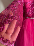 Fuchsia Ball Gown Girl's Pageant Dresses Lace Top Long Sleeves Puffy Tulle Birthday Prom Gowns Kids Formal Wear