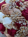 Quinceanera, Bridal And Bridesmaid Bouquets Exquisite Rhinestones Silk Roses And Pearls Handmade Ivory,Wine Red, diameter 18cm