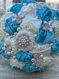 Quinceanera, Bridal And Bridesmaid Bouquets Exquisite Rhinestones Silk Roses And Pearls Handmade Ivory,Baby Blue diameter 18cm