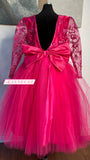 Fuchsia Ball Gown Girl's Pageant Dresses Lace Top Long Sleeves Puffy Tulle Birthday Prom Gowns Kids Formal Wear