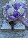 Quinceanera, Bridal And Bridesmaid Bouquets Exquisite Rhinestones Silk Roses And Pearls Handmade  Ivory/Purple, diameter 18cm