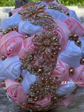 Quinceanera, Bridal And Bridesmaid Bouquets Exquisite Rhinestones Silk Roses And Pearls Handmade Pink White diameter 18cm