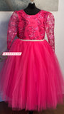 Fuchsia Ball Gown Girl's Pageant Dresses Lace Top Long Sleeves Puffy Tulle Birthday Prom Gowns Kids Formal Wear