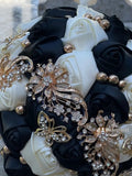 Quinceanera, Bridal And Bridesmaid Bouquets Exquisite Rhinestones Silk Roses And Pearls Handmade Black Ivory diameter 18cm