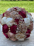 Quinceanera, Bridal And Bridesmaid Bouquets Exquisite Rhinestones Silk Roses And Pearls Handmade Ivory,Wine Red, diameter 18cm
