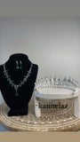 Luxury Crown-Tiara Silver Green Color  Jewelry Set