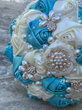 Quinceanera, Bridal And Bridesmaid Bouquets Exquisite Rhinestones Silk Roses And Pearls Handmade Ivory,Baby Blue diameter 18cm