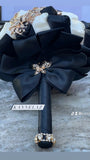 Quinceanera, Bridal And Bridesmaid Bouquets Exquisite Rhinestones Silk Roses And Pearls Handmade Black Ivory diameter 18cm