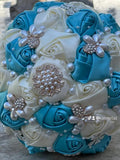 Quinceanera, Bridal And Bridesmaid Bouquets Exquisite Rhinestones Silk Roses And Pearls Handmade Ivory,Baby Blue diameter 18cm