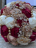 Quinceanera, Bridal And Bridesmaid Bouquets Exquisite Rhinestones Silk Roses And Pearls Handmade Ivory,Wine Red, diameter 18cm