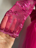 Fuchsia Ball Gown Girl's Pageant Dresses Lace Top Long Sleeves Puffy Tulle Birthday Prom Gowns Kids Formal Wear