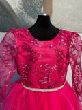 Fuchsia Ball Gown Girl's Pageant Dresses Lace Top Long Sleeves Puffy Tulle Birthday Prom Gowns Kids Formal Wear