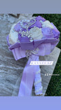 Quinceanera, Bridal And Bridesmaid Bouquets Exquisite Rhinestones Silk Roses And Pearls Handmade  Ivory/Purple, diameter 18cm