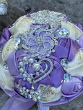 Quinceanera, Bridal And Bridesmaid Bouquets Exquisite Rhinestones Silk Roses And Pearls Handmade  Ivory/Purple, diameter 18cm