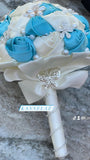 Quinceanera, Bridal And Bridesmaid Bouquets Exquisite Rhinestones Silk Roses And Pearls Handmade Ivory,Baby Blue diameter 18cm