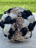 Quinceanera, Bridal And Bridesmaid Bouquets Exquisite Rhinestones Silk Roses And Pearls Handmade Black Ivory diameter 18cm
