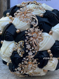 Quinceanera, Bridal And Bridesmaid Bouquets Exquisite Rhinestones Silk Roses And Pearls Handmade Black Ivory diameter 18cm