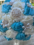Quinceanera, Bridal And Bridesmaid Bouquets Exquisite Rhinestones Silk Roses And Pearls Handmade Ivory,Baby Blue diameter 18cm