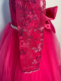 Fuchsia Ball Gown Girl's Pageant Dresses Lace Top Long Sleeves Puffy Tulle Birthday Prom Gowns Kids Formal Wear