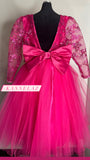 Fuchsia Ball Gown Girl's Pageant Dresses Lace Top Long Sleeves Puffy Tulle Birthday Prom Gowns Kids Formal Wear