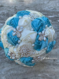 Quinceanera, Bridal And Bridesmaid Bouquets Exquisite Rhinestones Silk Roses And Pearls Handmade Ivory,Baby Blue diameter 18cm