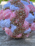 Quinceanera, Bridal And Bridesmaid Bouquets Exquisite Rhinestones Silk Roses And Pearls Handmade Pink White diameter 18cm