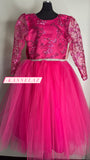 Fuchsia Ball Gown Girl's Pageant Dresses Lace Top Long Sleeves Puffy Tulle Birthday Prom Gowns Kids Formal Wear
