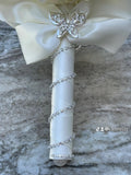 Quinceanera, Bridal And Bridesmaid Bouquets Exquisite Rhinestones Silk Roses And Pearls Handmade Ivory,Baby Blue diameter 18cm