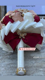 Quinceanera, Bridal And Bridesmaid Bouquets Exquisite Rhinestones Silk Roses And Pearls Handmade Ivory,Wine Red, diameter 18cm