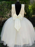 Beige Flower Girl Dress with Tulle and Ribbon Waist