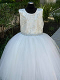 Beige Flower Girl Dress with Tulle and Ribbon Waist