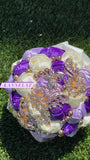 Quinceanera, Bridal And Bridesmaid Bouquets Exquisite Rhinestones Silk Roses And Pearls Handmade Purple Ivory diameter 18cm