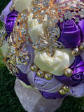 Quinceanera, Bridal And Bridesmaid Bouquets Exquisite Rhinestones Silk Roses And Pearls Handmade Purple Ivory diameter 18cm