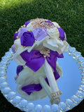 Quinceanera, Bridal And Bridesmaid Bouquets Exquisite Rhinestones Silk Roses And Pearls Handmade Purple Ivory diameter 18cm